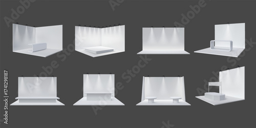 Stand mockup. 3D event booth stage. White display for event design or podium for fair. Blank light board. Spotlight ray. Studio corner. Desk and platform. Vector exhibition backgrounds set