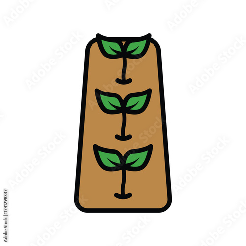 A brown rectangular shape with three green plant icons