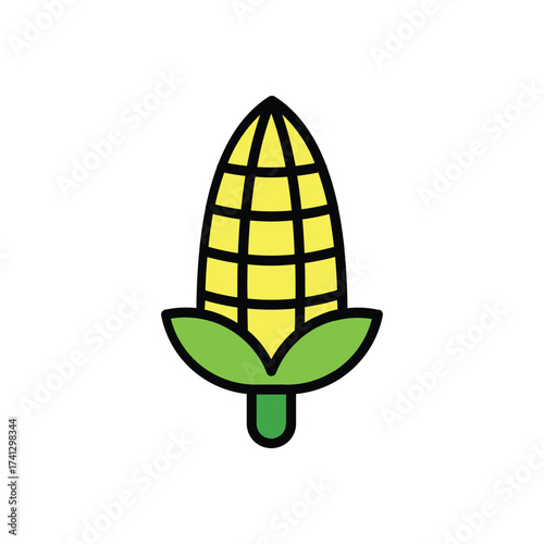 A cartoon corn cob with yellow kernels black grid green leaves and a Ushaped stem