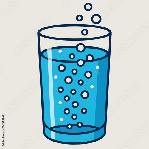 Refreshing Effervescence: A minimalist illustration of a glass filled with sparkling, bubbly water, capturing the essence of thirst quenching refreshment.