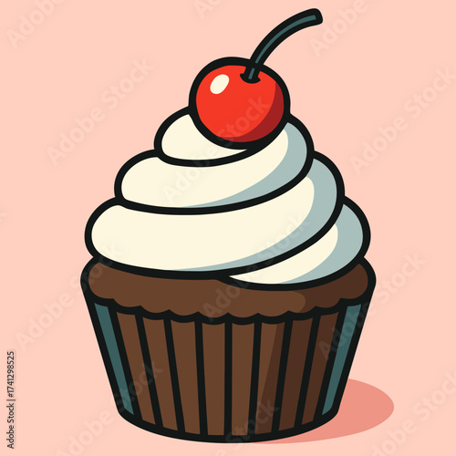 Sweet Treat Delight: A tempting cupcake, adorned with fluffy frosting and a vibrant cherry, beckons with its delectable charm and promises of pure sweetness. 