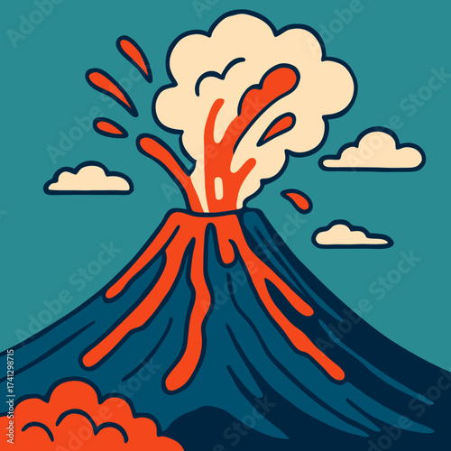 Volcanic Eruption: A dynamic illustration showcases a majestic volcano erupting, with vibrant orange lava cascading down its slopes and billowing clouds of smoke rising into the sky. 