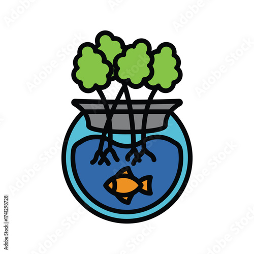 A fishbowl filled with water a fish and plants