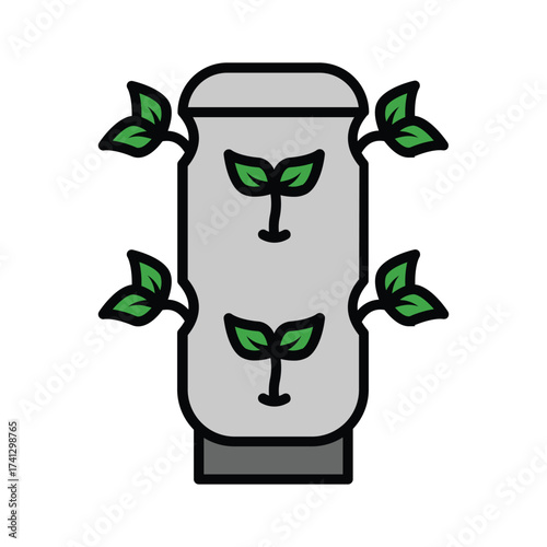 A gray cylindrical planter with sprouting plants