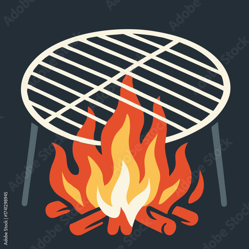 Grill's Inferno: An illustration of a stylized outdoor grill, sizzling with a roaring fire beneath it, the perfect setup for a summer barbecue.