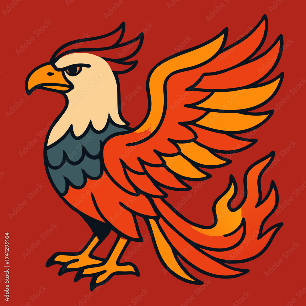 Obraz premium Phoenix Rising: A striking illustration of the mythical Phoenix, with its fiery plumage and determined gaze, embodies resilience and rebirth on a vibrant background.