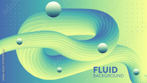 Abstract Blue and Aqua Fluid Background Design with Dynamic Liquid Waves. Modern trendy gradient flow with glossy 3D spheres, a subtle dot pattern, and a soft color palette.