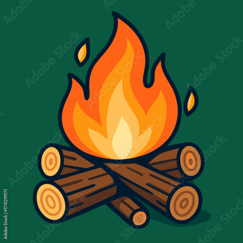 Cozy Campfire Illustration: A vibrant illustration of a crackling campfire, with flames dancing atop a pile of logs, conveying warmth and the spirit of adventure.