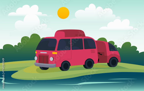 Caravan camp. Adventure in camper van. Camping tour. Home car at river shore. Travel vehicle. Mobile trailer in nature. Summer vacation. Tourist auto bus. Vector wild landscape background