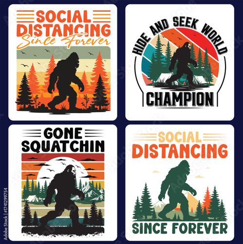 Bigfoot Sasquatch Retro T Shirt Design Vector – Social Distancing, Gone Squat Chin, Hide and Seek Champion Graphics