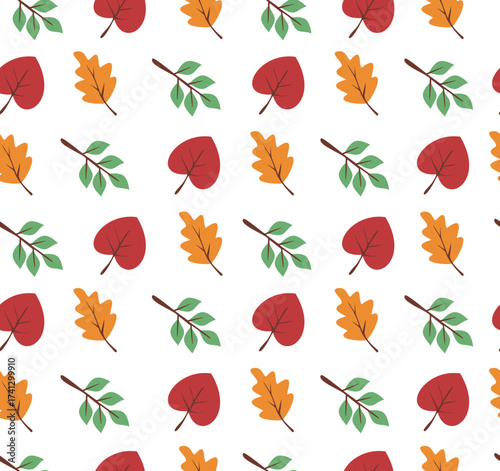 Mini autumn seamless pattern with various leaves. Red, orange, and green. Fall season theme decoration. Can be used for wallpaper, paper wrapping, fashion fabric and decoration 