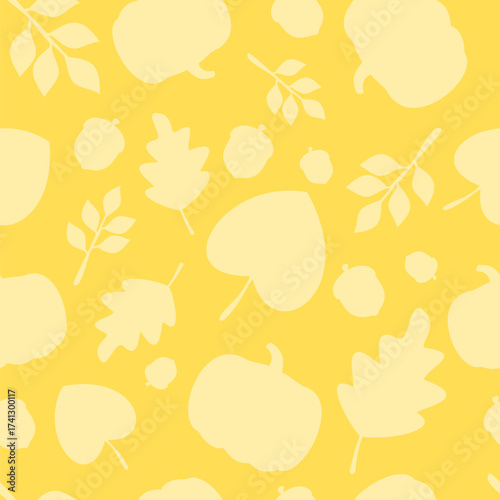 Autumn leaf silhouettes seamless pattern in yellow background. Fall season theme cartoon. Can be used for wallpaper, paper wrapping, decoration, fashion fabric and print