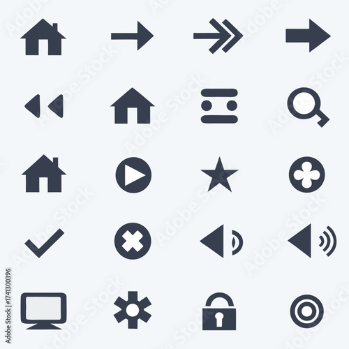 Collection of dark blue flat icons on a light grey background including house arrows play button search and lock