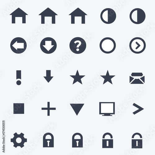 Collection of dark blue flat icons on light grey background vector
