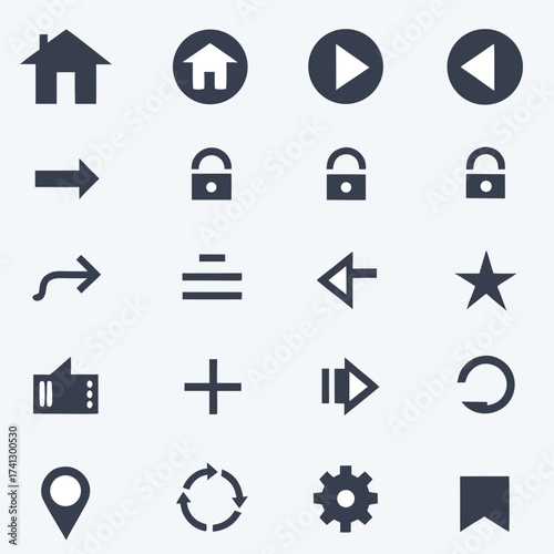 Collection of dark blue navigation and action icons on white background vector