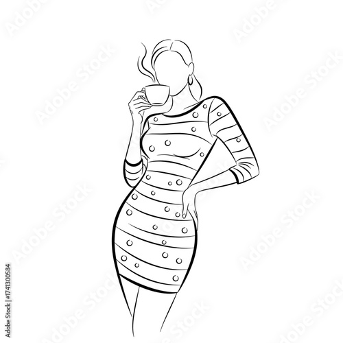 Stylish line art of a woman in a fitted dress enjoying a cup of coffee