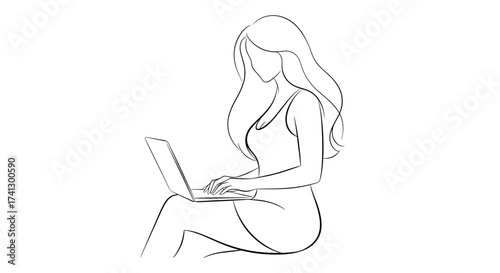Casual line art of a woman working on a laptop