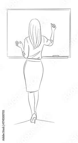 Dynamic line art of a female teacher writing on a chalkboard