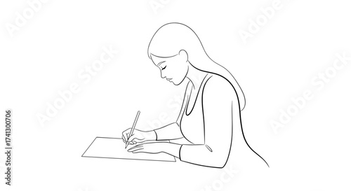 Minimalistic line art of a woman writing on paper