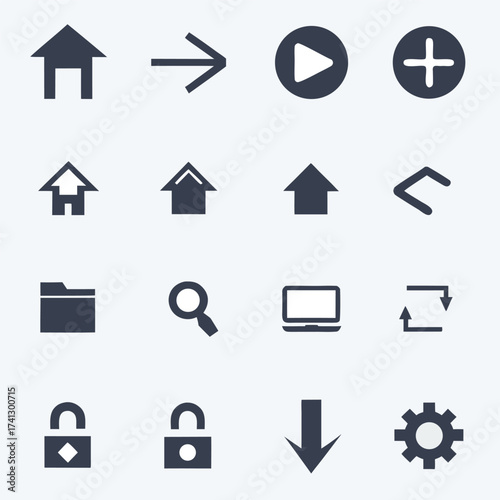 Collection of dark blue web interface icons on a light grey background vector