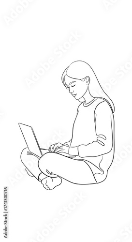 Casual line art of a girl sitting and using a laptop