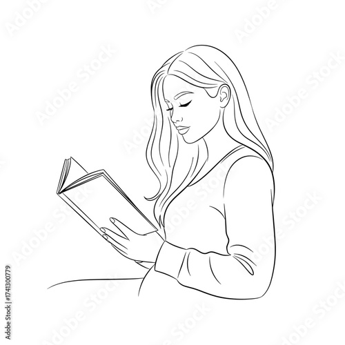 Stylish line art of a young woman reading a book leisurely