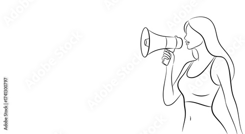 Line art of a confident woman holding a megaphone with copy space for message