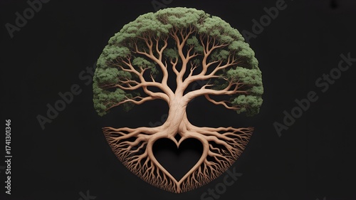 Stylized tree with heart-shaped roots on black background.