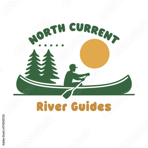 Canoe Adventure Vintage Badge Pine Trees Sun Flat Vector t-shirt design, t-shirt print, easily editable.