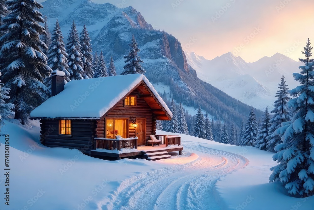 Fototapeta premium A quiet, snow-covered cabin nestled in a winter wonderland, perfect for a peaceful reserved holiday getaway Enjoy the serene atmosphere and breathtaking natural beauty , new year, reserved, sky