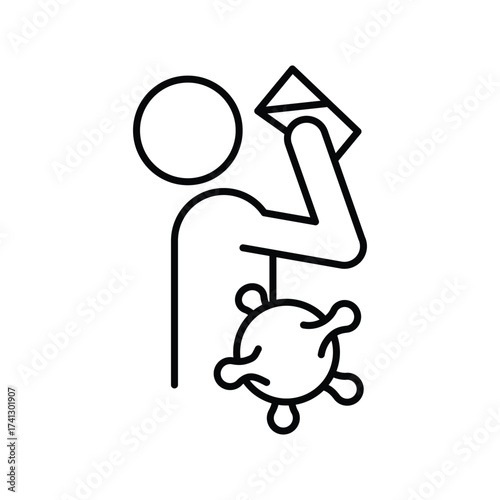 A stick figure holds a small square object near its head A spherical shape with appendages hangs below