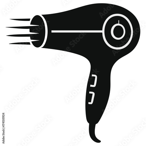 Stylized Black Hair Dryer Icon With White Details and Airflow Lines