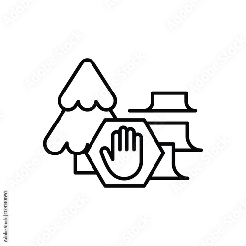 A stop deforestation icon showing a tree felled trees and a stop sign with a hand