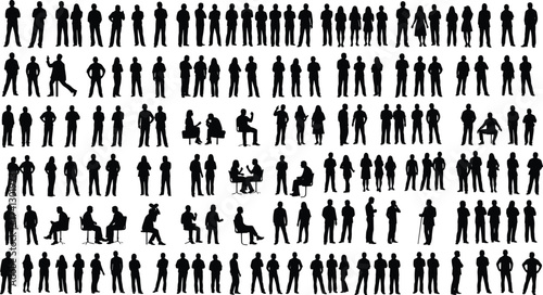 Collection of diverse business people silhouettes standing, walking, sitting, and interacting in professional poses for teamwork, communication, collaboration, office, success