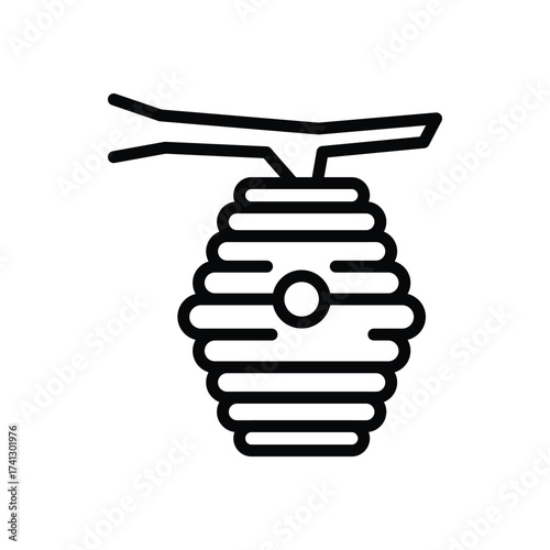 A stylized black line drawing depicts a beehive suspended from a tree branch The hive is oval composed of horizontal bands
