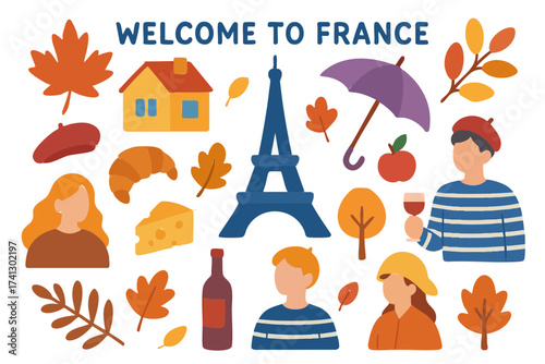 Flat Design Autumn France Culture Icon Set
