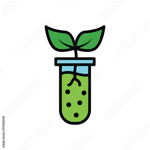 A test tube with a green liquid contains a seedling with two leaves