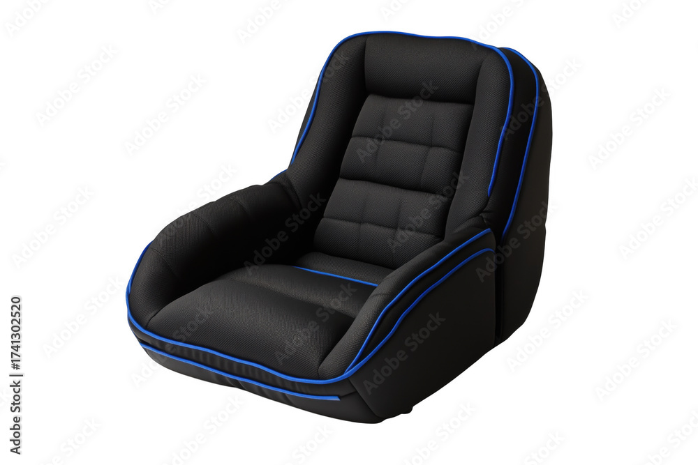 Obraz premium Black racing seat with blue trim isolated on a transparent background