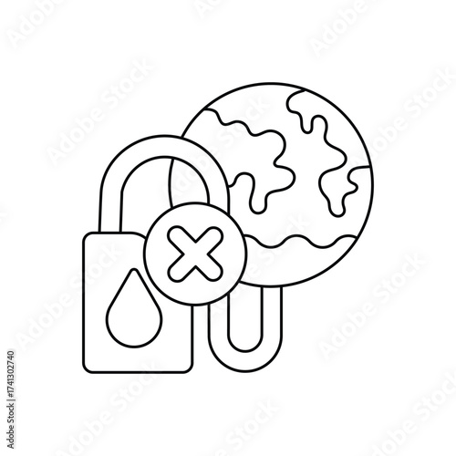 An open padlock with a water drop a circled X and a stylized globe