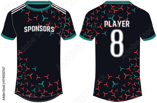 Sports jersey t shirt design flat sketch illustration, Geometric abstract printed Round neck football jersey concept with front and back view for Cricket, soccer, Volleyball and badminton uniform kit