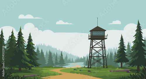 Forest fire watchtower in serene landscape with tall trees  