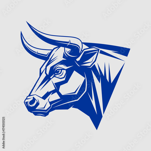 Stylized blue bull head logo with angular shapes and sharp edges, symbolizing strength and aggression.