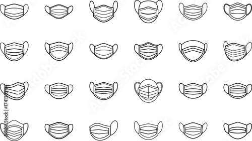 Medical and Hospital Equipment Icons Set – Bandage, Wheelchair, Mask, Bed, Syringe, Scissors, Microscope, Gloves, Nurse Cap, Tooth, Stethoscope, Scalpel, Oxygen Cylinder, Medical Tools, and Healthcare
