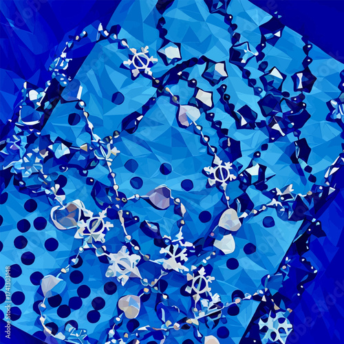 Decorative glittering stars and snowflakes on the bright-blue and indigo backdrop symbolizing winter sky, holidays and Christmas celebration; a square low-poly vector background for thematic prints.