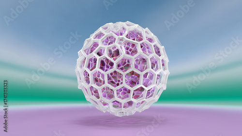 Abstract Sphere with Hexagon Pattern in White and Purple on Gradient Background
