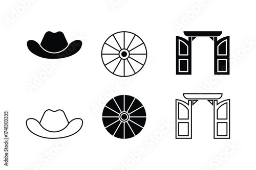 western icon set – cowboy hat, wagon wheel, saloon door in solid and outline style.