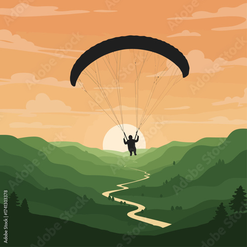 Paraglider Flying Over Green Hills at Sunset Vector Illustration
