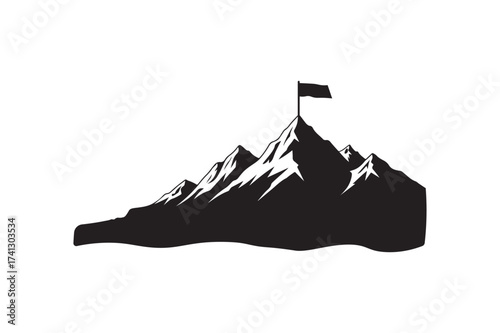 mountain silhouette with summit flag vector illustration for achievement and adventure.