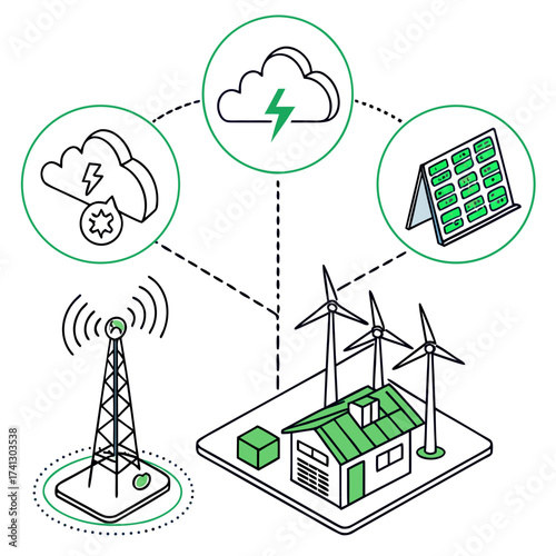 Vector art of isometric illustration of a smart home powered by renewable energy sources, including solar panels, wind turbines, and energy storage, concept of sustainable living