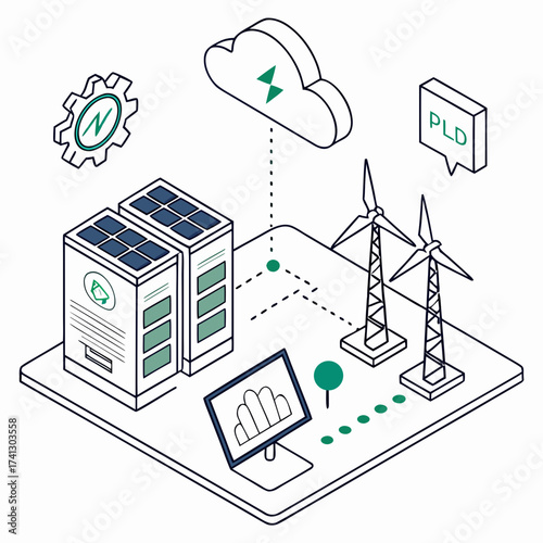 Vector art of isometric illustration depicting a smart energy grid with wind turbines, solar panel servers, and cloud computing, representing the future of sustainable power management